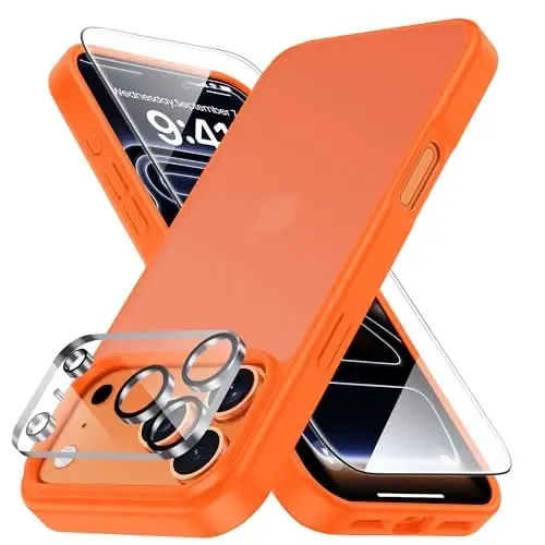 Yriklso 3 in 1 for iPhone 17 Pro Phone Case,1X Screen Protector +1X Camera Lens,Shockproof for iPhone 17 Pro Case, Military Grade Drop Protection, Protective Hard Back Slim Translucent Cover,Orange 