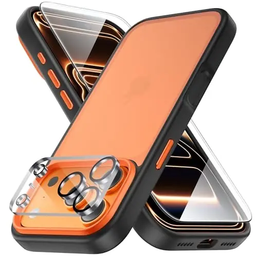 Yriklso 3 in 1 for iPhone 17 Pro Phone Case,1X Screen Protector +1X Camera Lens,Shockproof for iPhone 17 Pro Case, Protective Hard Back Slim Translucent Cover,Clear & Orange 