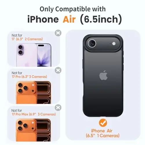 Yriklso 3 in 1 for iPhone Air Phone Case,1X Screen Protector +1X Camera Lens,Shockproof for iPhone Air Case, Military Grade Drop Protection, Protective Hard Back Slim Translucent Case,Black - YRIKLSO (1)