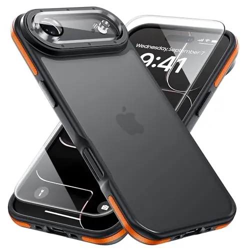 Yriklso 3 in 1 for iPhone Air Phone Case,1XScreen Protector+1X Camera Lens,Shockproof for iPhone Air Case,Military Grade Drop Protection, Protective Hard Back Slim Translucent Case,Orange Bumper 