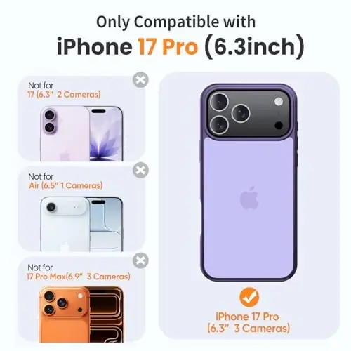 Yriklso 3-in-1 iPhone 17 Pro g'ilofi, 1 ta ekran himoyachisi + 1 ta kamera linzasi, iPhone 17 Pro uchun zarbga chidamli g'ilof, harbiy darajadagi tushishdan himoya, himoya qiluvchi qattiq orqa qism, yupqa yarim shaffof qopqoq, binafsha rang - 2