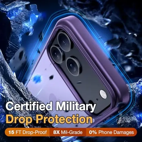 Yriklso 3-in-1 iPhone 17 Pro g'ilofi, 1 ta ekran himoyachisi + 1 ta kamera linzasi, iPhone 17 Pro uchun zarbga chidamli g'ilof, harbiy darajadagi tushishdan himoya, himoya qiluvchi qattiq orqa qism, yupqa yarim shaffof qopqoq, binafsha rang - 4