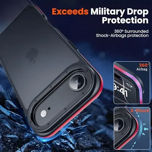 Yriklso 3 in 1 iPhone Air uchun g‘ilof, 1X Ekran himoyachisi + 1X Kamera linzasi, iPhone Air G‘ilof uchun zarbaga chidamli, Harbiy darajadagi tushishdan himoya, Himoya qiluvchi qattiq orqa yupqa yarim shaffof g‘ilof, Qizil bamper - 4