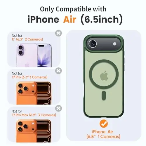 Yriklso 3 in 1 Kuchli Magnitli G‘ilof iPhone Air uchun, 1X Ekran himoyachisi + 1X Kamera linzasi, Himoyalovchi zarbaga chidamli g‘ilof, 6.5 dyuymli iPhone Air uchun telefon g‘ilofi, Mat yashil rang. - YRIKLSO (1)