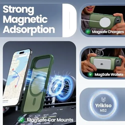 Yriklso 3 in 1 Kuchli Magnitli G‘ilof iPhone Air uchun, 1X Ekran himoyachisi + 1X Kamera linzasi, Himoyalovchi zarbaga chidamli g‘ilof, 6.5 dyuymli iPhone Air uchun telefon g‘ilofi, Mat yashil rang. - 3