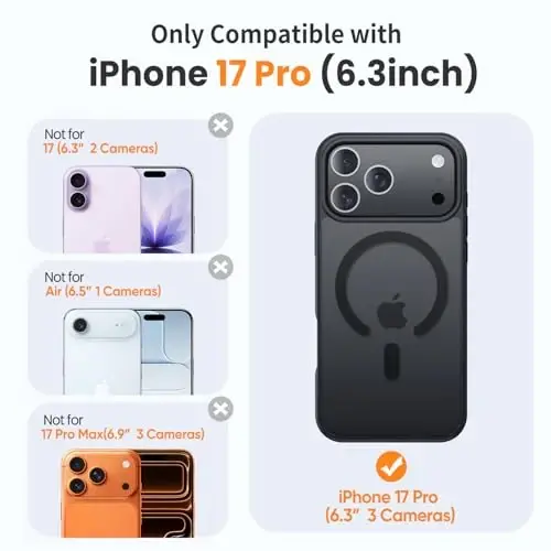 Yriklso 3 in 1 Strong Magnetic Case for iPhone 17 Pro,1X Screen Protector +1X Camera Lens, Protective Shockproof Cover,Phone Case for iPhone 17 Pro 6.3