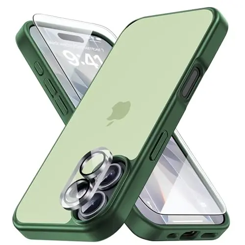 Yriklso 3 в 1 для чехла iPhone 17, 1 защитная пленка для экрана + 1 объектив камеры, противоударный для чехла iPhone 17, защита от падений военного класса, защитная жесткая задняя тонкая полупрозрачная крышка, матовый зеленый - 1