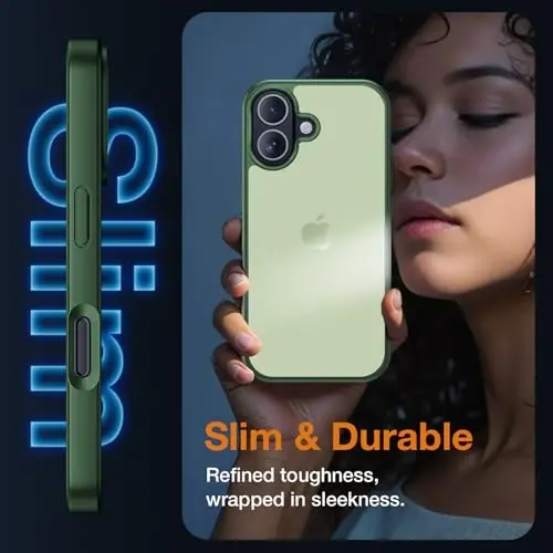 Yriklso 3 в 1 для чехла iPhone 17, 1 защитная пленка для экрана + 1 объектив камеры, противоударный для чехла iPhone 17, защита от падений военного класса, защитная жесткая задняя тонкая полупрозрачная крышка, матовый зеленый - 5