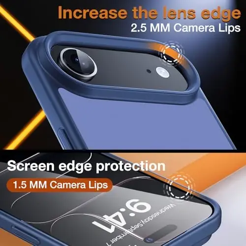 Yriklso 3 в 1 для чехла iPhone Air, 1 защитная пленка + 1 объектив камеры, ударопрочный чехол для iPhone Air, защита от падений военного класса, защитный жесткий задний тонкий полупрозрачный чехол, темно-синий - 5