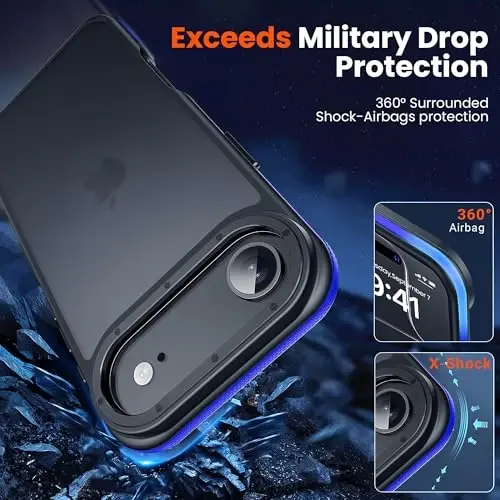 Yriklso 3 в 1 для чехла iPhone Air, 1X защитная пленка для экрана + 1X объектив камеры, ударопрочный чехол для iPhone Air, защита от падений военного уровня, защитный жесткий чехол с полупрозрачной задней панелью, синий бампер - 4
