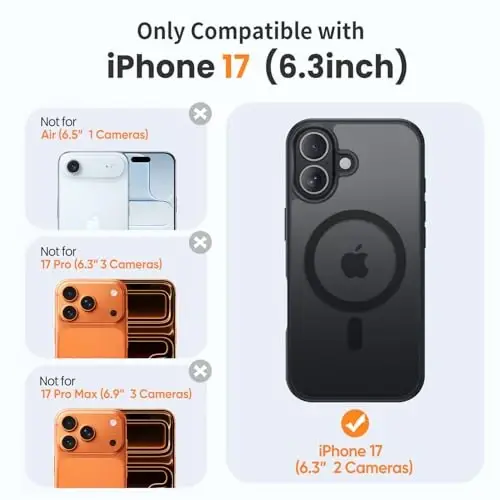 Yriklso 3 в 1, мощный магнитный чехол для iPhone 17, 1 защитное стекло для экрана + 1 для объектива камеры, защитный противоударный чехол, чехол для iPhone 17 6,3 дюйма, матовый черный - 2