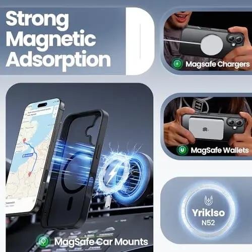 Yriklso 3 в 1, мощный магнитный чехол для iPhone 17, 1 защитное стекло для экрана + 1 для объектива камеры, защитный противоударный чехол, чехол для iPhone 17 6,3 дюйма, матовый черный - 3