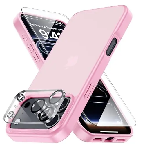 Yriklso 3 in 1 for iPhone 17 Pro Phone Case,1X Screen Protector +1X Camera Lens,Shockproof for iPhone 17 Pro Case, Military Grade Drop Protection, Protective Hard Back Slim Translucent Cover, Pink 