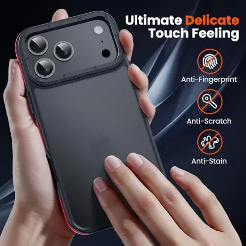 Yriklso для чехла iPhone 17 Pro, 1 экранная пленка + 1 объектив камеры, противоударный для чехла iPhone 17 Pro, защита от падения военного класса, задний тонкий полупрозрачный чехол для iPhone 17, красный бампер - 3