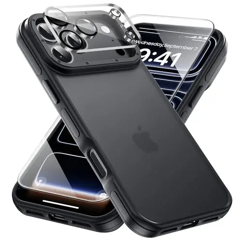Yriklso для чехла на iPhone 17 Pro Max, 1 защитная пленка для экрана, 1 объектив камеры, ударопрочный чехол для iPhone 17 Pro Max, защита от падений военного уровня, защитная жесткая задняя тонкая полупрозрачная крышка, черный бампер 