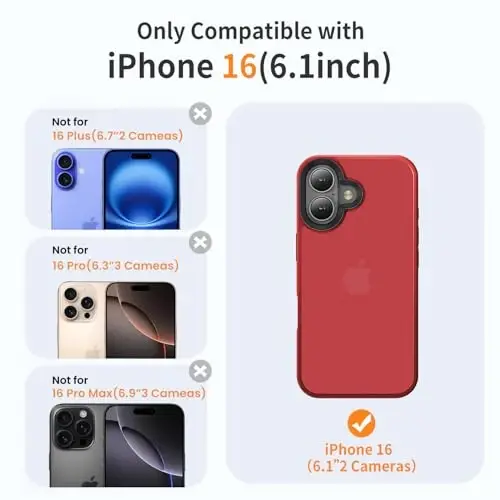 Yriklso for iPhone 16 Phone Case, Shockproof for iPhone 16 Case, Military Grade Drop Protection, Protective Hard Back Slim Translucent Case for iPhone 16-6.1'', Red - 2