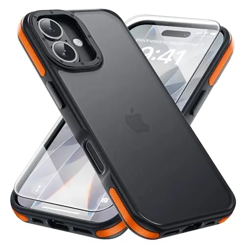 Yriklso for iPhone 17 Phone Case,1X Screen Protector+1X Camera Lens,Shockproof for iPhone 17 Case, Military Grade Drop Protection,Back Slim Translucent Case for iPhone, Orange Bumper - 1