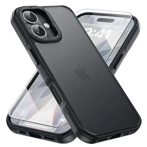 Yriklso for iPhone 17 Phone Case,1X Screen Protector,Shockproof for iPhone 17 Case, Military Grade Drop Protection,Back Slim Translucent Case for iPhone, Black Bumper 