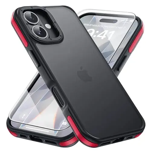 Yriklso for iPhone 17 Phone Case,1X Screen Protector,Shockproof for iPhone 17 Case, Military Grade Drop Protection,Back Slim Translucent Case for iPhone, Red Bumper - 1