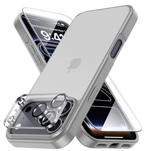 Yriklso for iPhone 17 Pro Max Phone Case,1X Screen Protector +1X Camera Lens,Shockproof for iPhone 17 Pro Max Case, Military Grade Drop Protection, Protective Hard Back Slim Translucent Cover,Grey - YRIKLSO