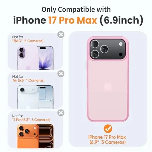 Yriklso for iPhone 17 Pro Max Phone Case,1X Screen Protector +1X Camera Lens,Shockproof for iPhone 17 Pro Max Case, Military Grade Drop Protection, Protective Hard Back Slim Translucent Cover,Pink - 2