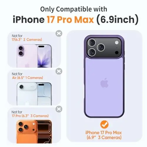 Yriklso for iPhone 17 Pro Max Phone Case,1X Screen Protector +1X Camera Lens,Shockproof for iPhone 17 Pro Max Case, Military Grade Drop Protection, Protective Hard Back Slim Translucent Cover,Purple - YRIKLSO (1)