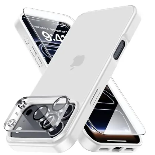 Yriklso for iPhone 17 Pro Max Phone Case,1X Screen Protector +1X Camera Lens,Shockproof for iPhone 17 Pro Max Case, Military Grade Drop Protection, Protective Hard Back Slim Translucent Cover,White - YRIKLSO