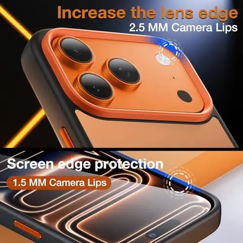 Yriklso for iPhone 17 Pro Max Phone Case,1X Screen Protector +1X Camera Lens,Shockproof for iPhone 17 Pro Max Case, Protective Hard Back Slim Translucent Cover,Clear & Orange - 5