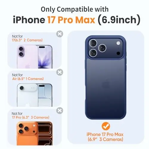 Yriklso for iPhone 17 Pro Max telefon g‘ilofi, 1X ekran himoyachisi +1X kamera linzasi, iPhone 17 Pro Max uchun zarbaga chidamli, harbiy darajadagi tushishdan himoya, qattiq orqa yupqa yarim shaffof qopqoq, to‘q ko‘k - YRIKLSO (1)