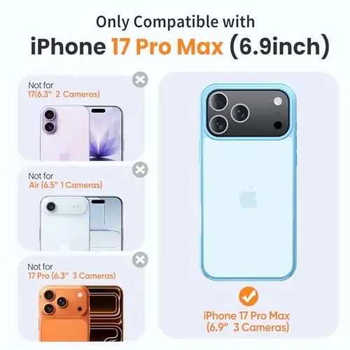 Yriklso for iPhone 17 Pro Max Telefon G‘ilofig‘i, 1X Ekran Himoya Oynasi +1X Kamera Linzasi, iPhone 17 Pro Max G‘ilofig‘i uchun zarbga chidamli, Harbiy darajadagi tushishdan himoya qilish, Himoya qiluvchi qattiq orqa yupqa yarim shaffof qopqoq, Ko‘k - 2