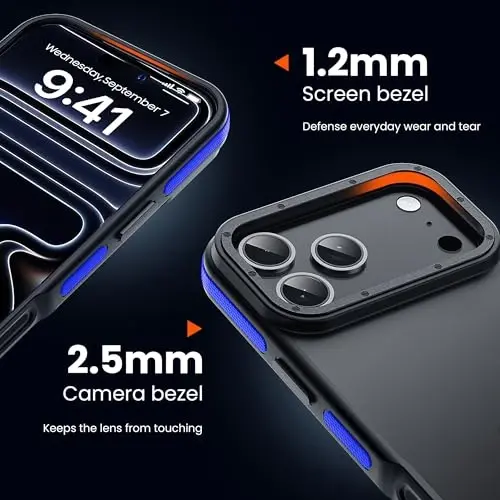 Yriklso for iPhone 17 Pro Phone Case,1X Screen Protector +1X Camera Lens,Shockproof for iPhone 17 Pro Case, Military Grade Drop Protection,Back Slim Translucent Case for iPhone,Blue Bumper - 2