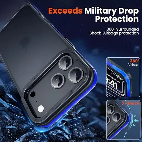 Yriklso for iPhone 17 Pro Phone Case,1X Screen Protector +1X Camera Lens,Shockproof for iPhone 17 Pro Case, Military Grade Drop Protection,Back Slim Translucent Case for iPhone,Blue Bumper - 4