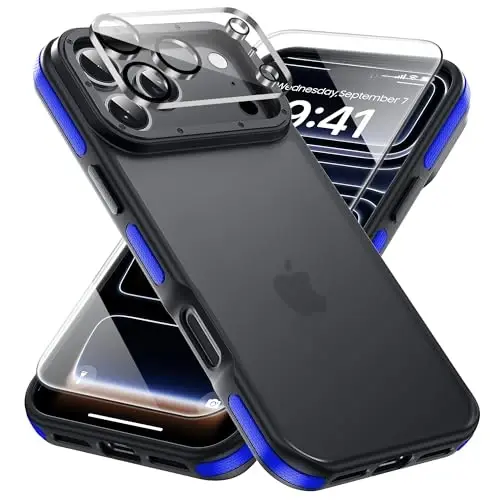 Yriklso for iPhone 17 Pro Phone Case,1X Screen Protector +1X Camera Lens,Shockproof for iPhone 17 Pro Case, Military Grade Drop Protection,Back Slim Translucent Case for iPhone,Blue Bumper 