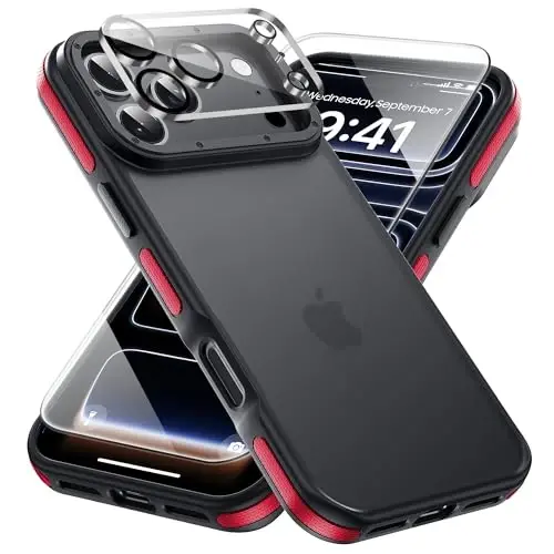 Yriklso for iPhone 17 Pro Phone Case,1X Screen Protector +1X Camera Lens,Shockproof for iPhone 17 Pro Case,Military Grade Drop Protection,Back Slim Translucent Case for iPhone 17,Red Bumper 