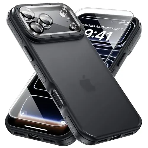 Yriklso for iPhone 17 Pro Phone Case,1X Screen Protector +1X Camera Lens,Shockproof for iPhone 17 Pro Case,Military Grade Drop Protection,Back Slim Translucent Case for iPhone,Black Bumper - YRIKLSO