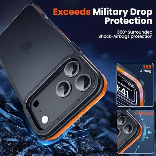 Yriklso for iPhone 17 Pro Phone Case,1X Screen Protector+1X Camera Lens,Shockproof for iPhone 17 Pro Case,Military Grade Drop Protection,Back Slim Translucent Case for iPhone,Orange Bumper - 4