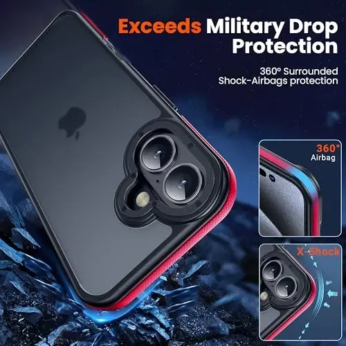 Yriklso for iPhone 16 Plus Phone Case, Shockproof for iPhone 16 Plus Case, Military Grade Drop Protection, Protective Hard Back Slim Translucent Case, Red Bumper - 3