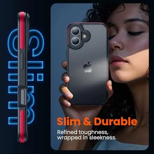 Yriklso for iPhone 16 Plus Phone Case, Shockproof for iPhone 16 Plus Case, Military Grade Drop Protection, Protective Hard Back Slim Translucent Case, Red Bumper - 5