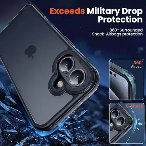Yriklso iPhone 16 Plus uchun telefon g'ilofi, iPhone 16 Plus g'ilofi uchun zarbga chidamli, harbiy darajadagi tushishdan himoya, himoya qattiq orqa nozik yarim shaffof g'ilof, qora bamper - 2