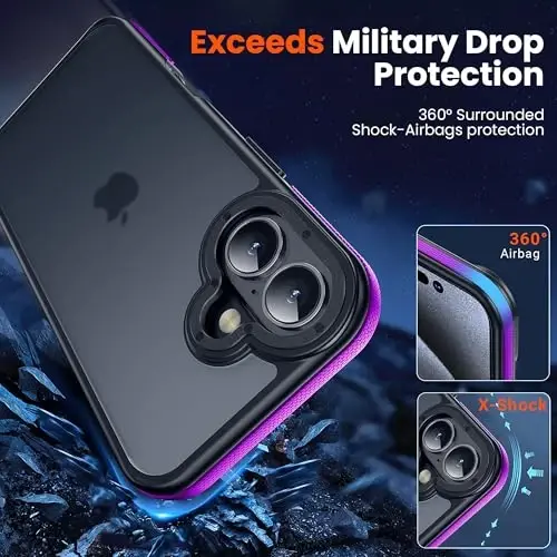 Yriklso iPhone 16 Plus uchun telefon g'ilofi, iPhone 16 Plus uchun zarbga chidamli g'ilof, harbiy darajadagi tushishdan himoya, himoya qattiq orqa ingichka yarim shaffof g'ilof, binafsha bamper - 3