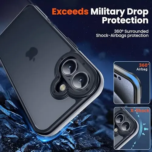 Yriklso iPhone 16 Plus uchun telefon g‘ilofi, iPhone 16 Plus uchun zarbga chidamli g‘ilof, harbiy darajadagi tushishdan himoya, himoya qattiq yupqa yarim shaffof g‘ilof, kulrang bamper - 3