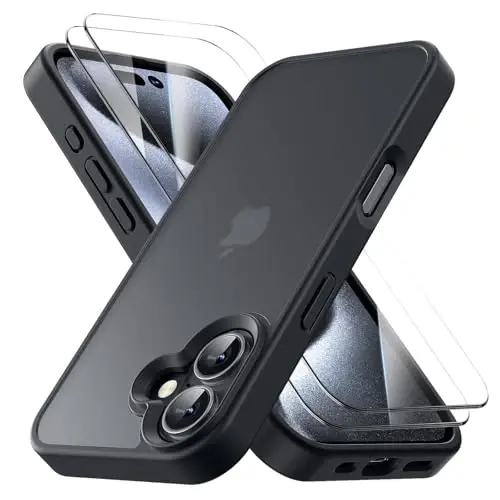 Yriklso iPhone 16 Plus uchun telefon g'ilofi, zarbga chidamli iPhone 16 Plus g'ilofi [2 ta закалённое shisha ekran himoyachisi], harbiy darajadagi tushishdan himoya, ingichka shaffof g'ilof, qora to'plam 