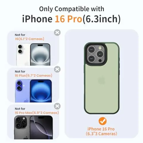 Yriklso iPhone 16 Pro uchun telefon g‘ilofi, zarbaga chidamli iPhone 16 Pro g‘ilofi, harbiy darajadagi tushishdan himoya, himoya qattiq orqa ingichka shaffof g‘ilof iPhone 16 Pro 6,3 dyuym uchun, mat yashil - 2
