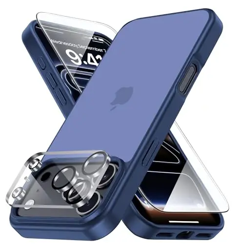 Yriklso 3 in 1 for iPhone 17 Pro Phone Case,1X Screen Protector +1X Camera Lens,Shockproof for iPhone 17 Pro Case, Military Grade Drop Protection, Protective Hard Back Slim Translucent Cover,Navy 