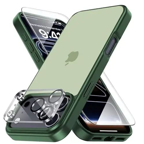 Yriklso 3 in 1 for iPhone 17 Pro Phone Case,1X Screen Protector +1X Camera Lens,Shockproof for iPhone 17 Pro Case, Military Grade Drop Protection, Protective Hard Back Slim Translucent Cover,Green - YRIKLSO