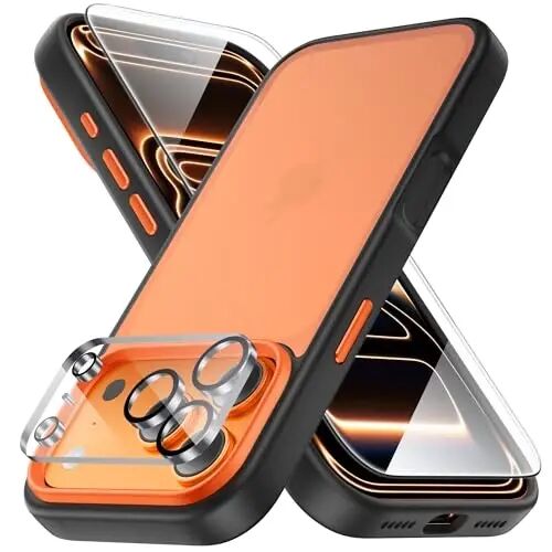 Yriklso 3 in 1 for iPhone 17 Pro Phone Case,1X Screen Protector +1X Camera Lens,Shockproof for iPhone 17 Pro Case, Protective Hard Back Slim Translucent Cover,Clear & Orange - YRIKLSO