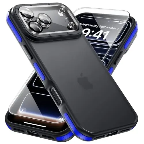 Yriklso for iPhone 17 Pro Max Phone Case,1XScreen Protector 1XCamera Len,Shockproof for iPhone 17 Pro Max Case, Military Grade Drop Protection,Protective Hard Back Slim Translucent Cover,Blue Bumper 