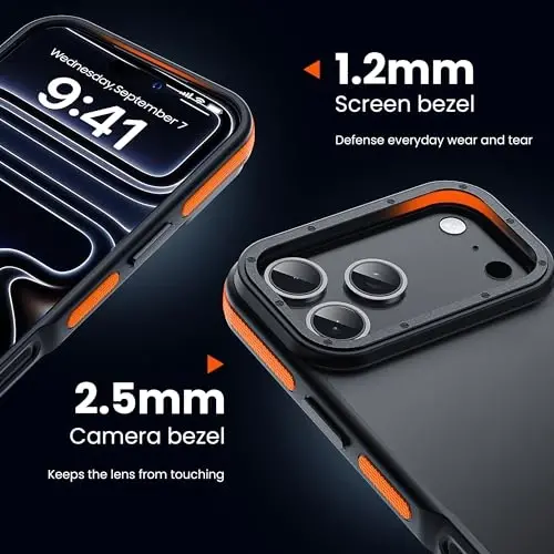 Yriklso iPhone 17 Pro uchun g‘ilof, 1X Ekran himoyachisi+1X Kamera linzasi, iPhone 17 Pro uchun zarbga chidamli, Harbiy darajadagi tushishdan himoya, Orqa yupqa shaffof g‘ilof, To‘q sariq rangli bamper - YRIKLSO (1)