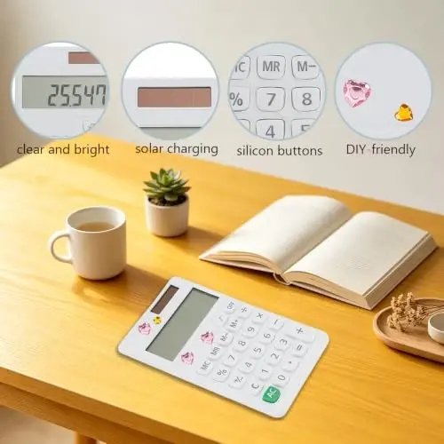Yritioa Basic Mini 4 Function Calculator,White Calculator Small for Middle School,Back to School First Day of School Supplies,Desk Calculator with Stickers,Solar Pocket Calculators for Students - 3