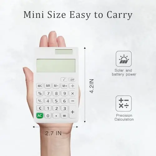 Yritioa Basic Mini 4 Function Calculator,White Calculator Small for Middle School,Back to School First Day of School Supplies,Desk Calculator with Stickers,Solar Pocket Calculators for Students - YRITIOA (1)